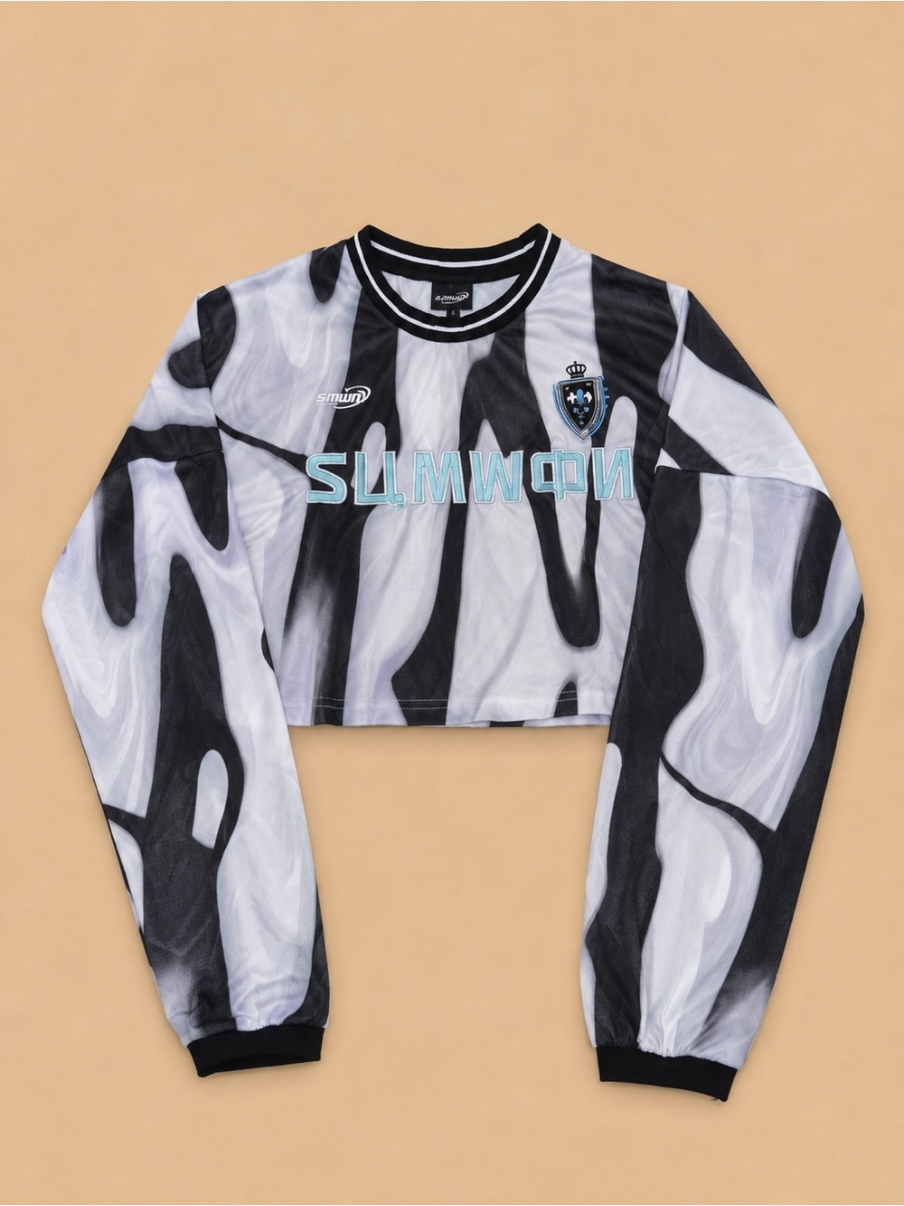 Black & White Marble Crop Long-Sleeve Top